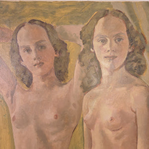 An earthy-toned oil on canvas portrait of two nude women, showcasing soft brushwork, stylised outlines and balanced composition, suited for large-scale statement display.
