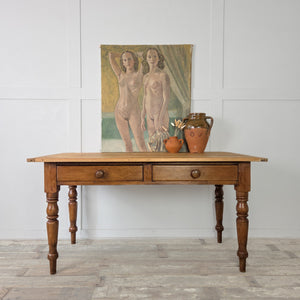 A striking mid-20th century oil painting of two nude women, painted in a soft, warm palette with stylised proportions, perfect for statement display