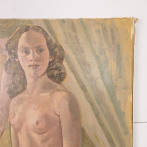 A mid-century nude study in oil on canvas, with naturalistic flesh tones and a subdued green and yellow background, ideal for above a fireplace or in a modern vintage interior.
