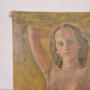 A large-scale vintage oil painting with two nude female figures, painted in a muted palette and soft stylised brushstrokes, ideal for interior statement use.
