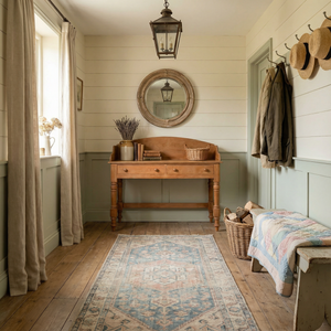 A large vintage pine washstand with two drawers and a shaped gallery back, raised on four turned legs. A rustic, characterful piece traditionally used as a washstand in a bathroom or as a dressing table in a bedroom, with the drawers providing storage for smaller everyday items.
