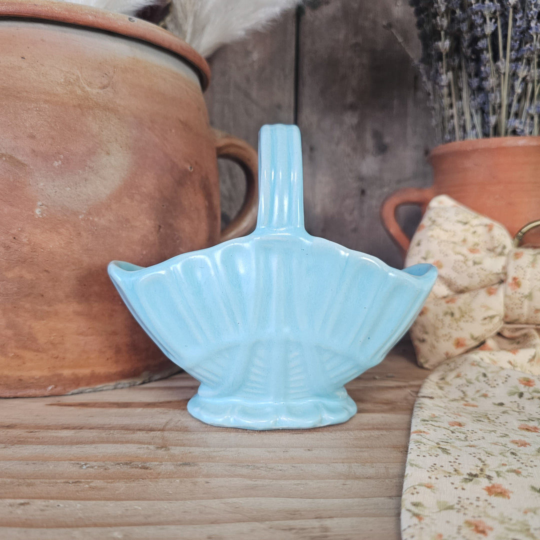Vintage ceramic posy basket vase by Gowancroft Pottery in pastel blue