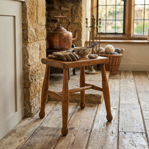 Early 20th century elm country stool with H-stretcher and shaped splayed legs
