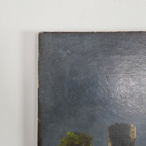 Antique landscape painting of sailing vessels moored beside a stone fortress in stormy weather
