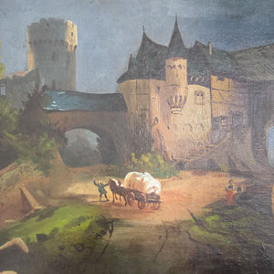 Antique oil on canvas artwork showing a moody harbour