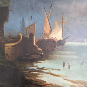 Original landscape painting of a fortified castle and sailing ships beneath a dramatic storm sky
