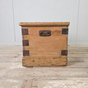 19th century French pine chest with hand-painted garland decoration, iron corner banding and original interior paper lining
