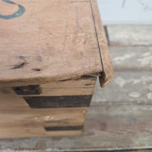 French pine blanket box with original hand-painted decoration, iron corner banding and carrying handles on each side
