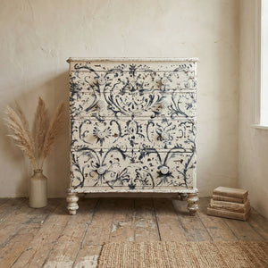 Antique Victorian painted pine chest of drawers with a blue and white Florentine-style design and turned bun feet
