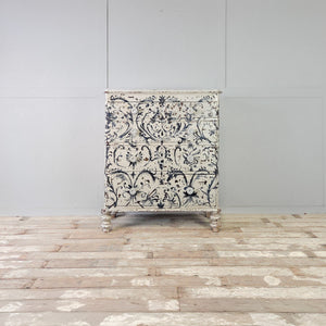 Large Victorian pine chest of drawers with hand-painted blue and white foliate design and mother of pearl knobs
