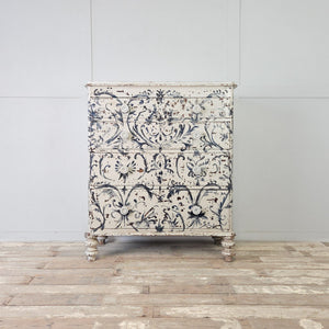 Antique painted pine five drawer chest with Florentine-style blue and white decoration and chippy painted finish