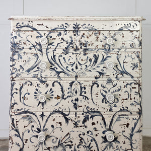 Victorian pine chest of drawers with freehand blue and white painted Florentine design and original scumble beneath
