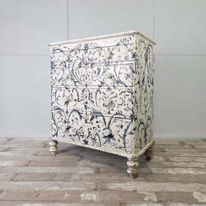 Victorian five drawer chest of drawers with blue and white painted Florentine decoration and turned wooden knobs