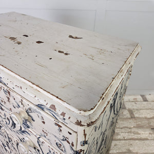 Large Victorian chest of drawers with hand-painted blue and white Florentine design and chippy painted finish
