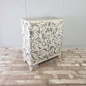 Antique pine five drawer chest with blue and white Florentine painted finish, bun feet and mother of pearl knobs