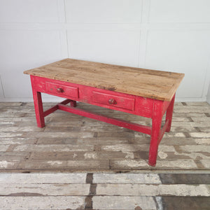 Victorian pine prep table with two drawers and red-painted base