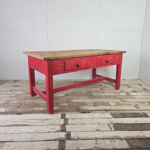 Victorian pine prep table with cleated plank top and red-painted base