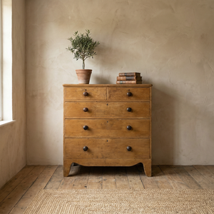 Antique Georgian pine chest of drawers with mustard painted finish and dark turned oak knobs
