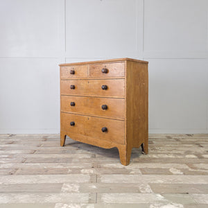 Antique pine chest of drawers with original mustard paint and turned dark oak knobs throughout
