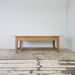 Large antique pine table with original ochre paint and scrubbed poplar top
