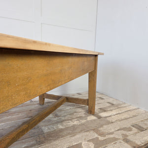 Large 19th century pine table with single drawer and full H-shaped stretcher
