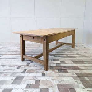 Large antique work table with original painted pine base and single front drawer