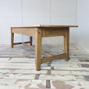 Antique country house kitchen table with single drawer and H-stretcher base