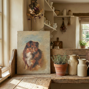 Victorian dog painting of a Rough Collie in oil on canvas mounted on a wooden stretcher frame.
