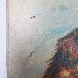 Antique oil painting depicting a hand-painted dog portrait on an unframed stretched canvas.
