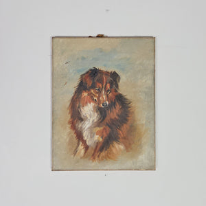 Dog portrait of a Rough Collie on a hand-painted antique oil canvas with a wood stretcher.
