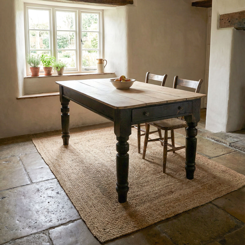 Antique 19th Century Victorian kitchen table with four plank sycamore top and single apron drawer.
