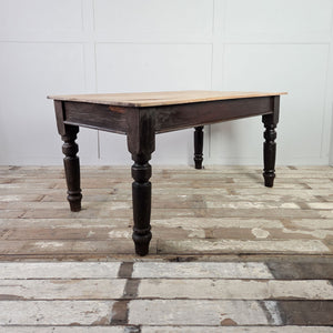 Victorian farmhouse table with a four plank sycamore top, dark painted base and chunky turned legs with glass knob drawer.
