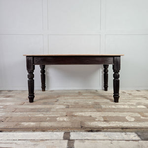 Antique Victorian farmhouse dining table with planked sycamore top and single drawer fitted with two glass knobs.
