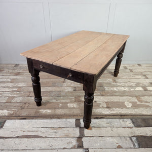 Victorian farmhouse dining table in pine with planked sycamore top and one drawer fitted with two glass knobs.
