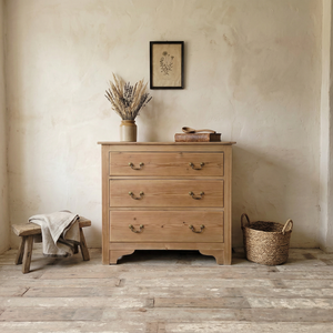 Vintage stripped pine chest of drawers with three graduating drawers and swan neck handles
