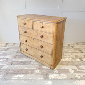 Victorian pine storage chest with five drawers, original painted finish and turned wooden knobs