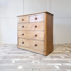 Antique five drawer pine chest with original painted finish, wooden knobs and simple stepped plinth base
