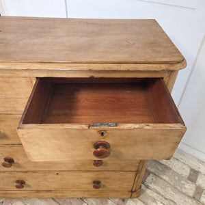 Victorian pine bedroom drawers with original painted finish, five drawers and plinth base
